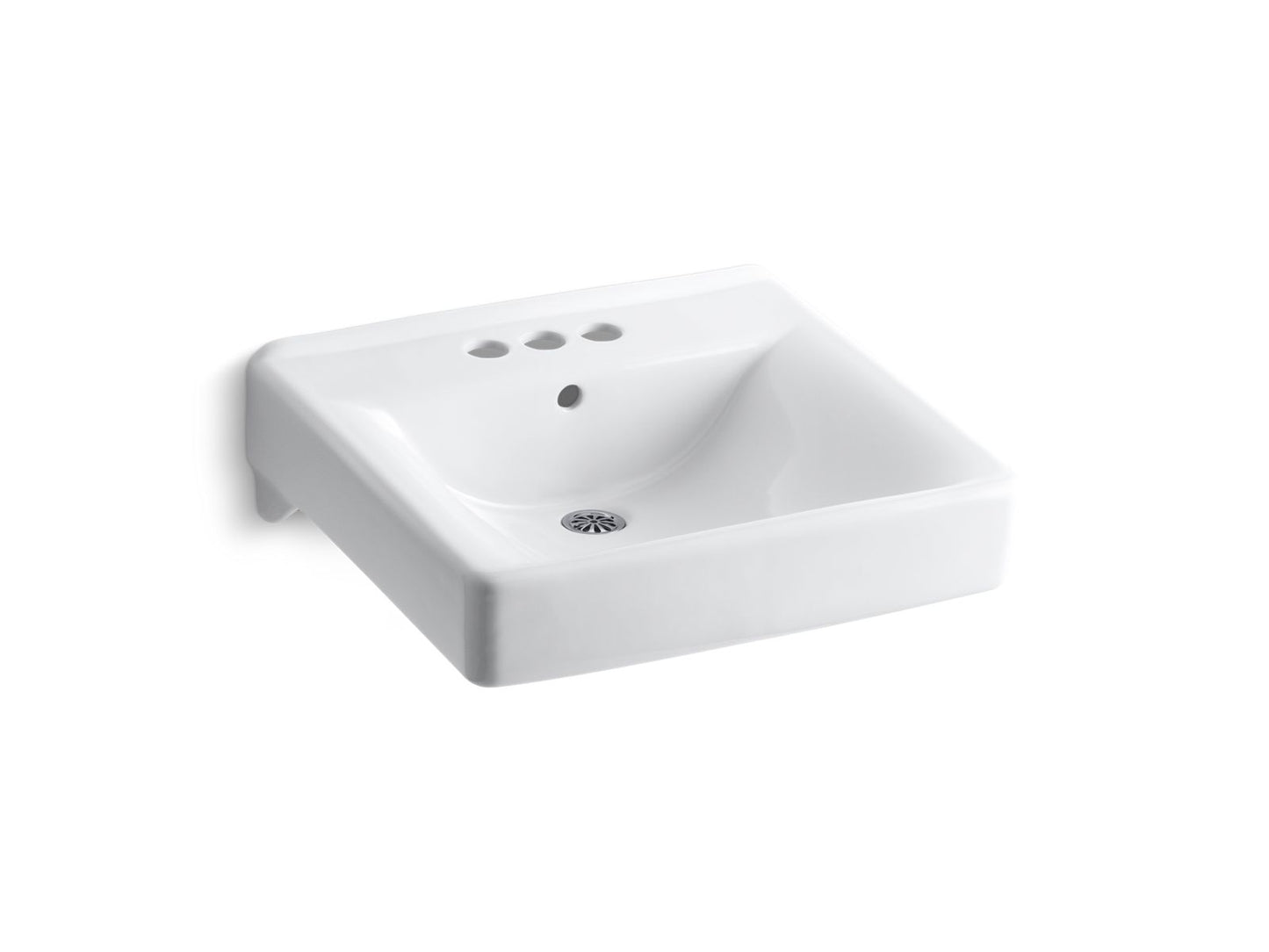 KOHLER K-2054-0 Soho 20" X 18" Wall-Mount/Concealed Arm Carrier Arm Bathroom Sink With 4" Centerset Faucet Holes In White