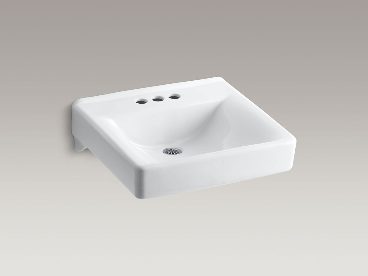 KOHLER K-2054-N-0 Soho 20" X 18" Wall-Mount/Concealed Arm Carrier Bathroom Sink With 4" Centerset Faucet Holes - White