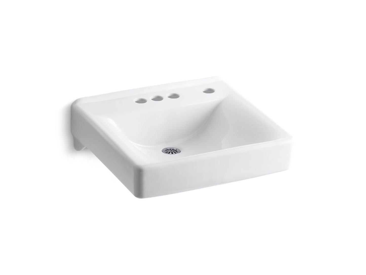 KOHLER K-2054-NR-0 Soho 20" X 18" Wall-Mount/Concealed Arm Carrier Bathroom Sink With 4" Centerset Faucet Holes And Right-Hand Soap Dispenser Hole In White