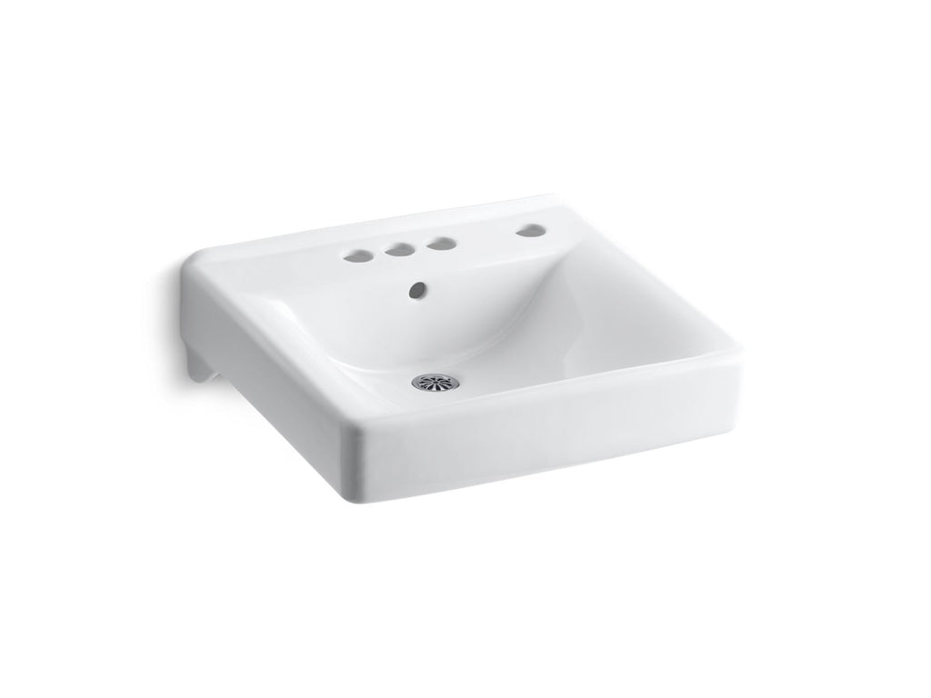 KOHLER K-2054-R-0 Soho 20" X 18" Wall-Mount/Concealed Arm Carrier Arm Bathroom Sink With 4" Centerset Faucet Holes And Right-Hand Soap Dispenser Hole - White