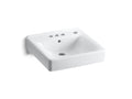 KOHLER K-2054-R-0 Soho 20" X 18" Wall-Mount/Concealed Arm Carrier Arm Bathroom Sink With 4" Centerset Faucet Holes And Right-Hand Soap Dispenser Hole - White