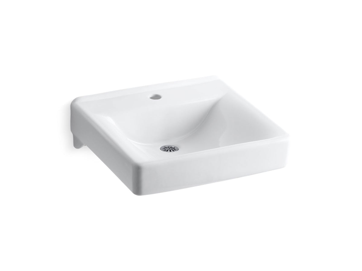 KOHLER K-2084-N-0 Soho 20" X 18" Wall-Mount/Concealed Arm Carrier Bathroom Sink With Single Faucet Hole - White