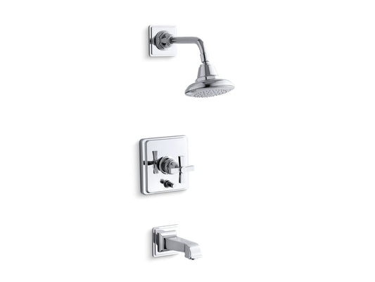 KOHLER K-T13133-3A-CP Pinstripe Pure Rite-Temp Bath And Shower Trim Kit With Push-Button Diverter And Cross Handle, 2.5 Gpm In Polished Chrome