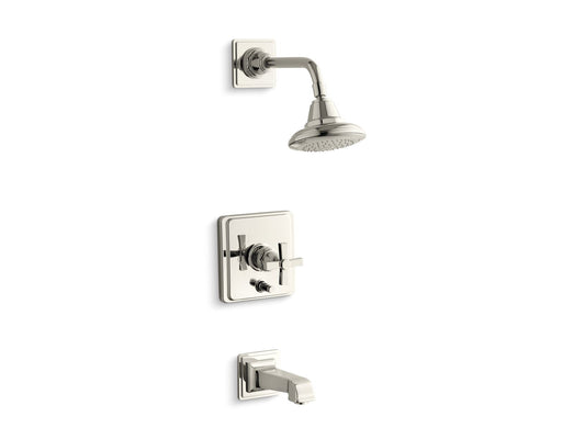 KOHLER K-T13133-3A-SN Pinstripe Pure Rite-Temp bath and shower trim kit with push-button diverter and cross handle, 2.5 gpm - Vibrant Polished Nickel