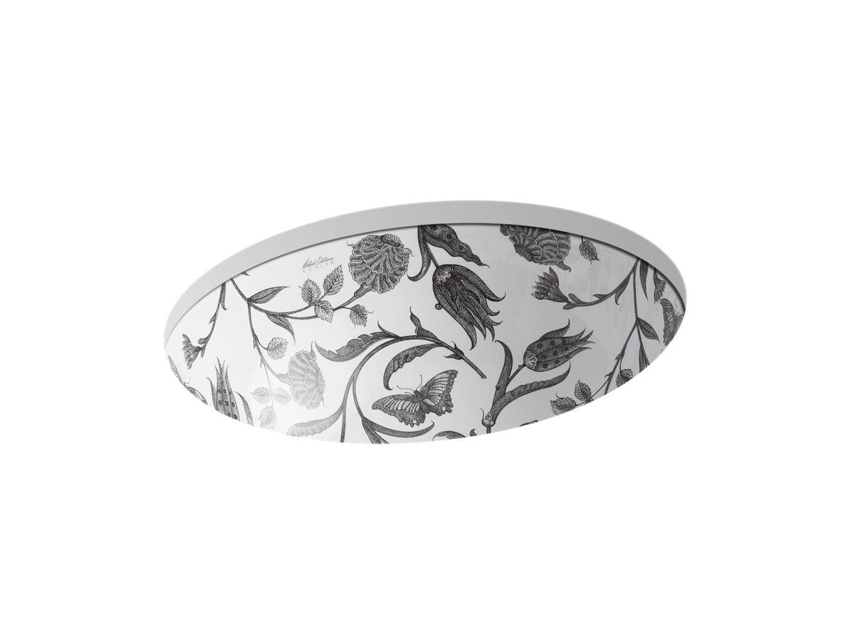 KOHLER K-14218-BT-0 Botanical Study Caxton 19-1/4" Oval Undermount Bathroom Sink, No Overflow - Botanical Study