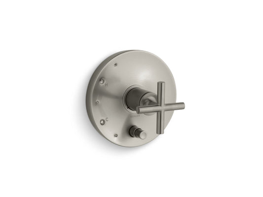 KOHLER K-T14501-3-BN Purist Rite-Temp Valve Trim With Push-Button Diverter And Cross Handle In Vibrant Brushed Nickel