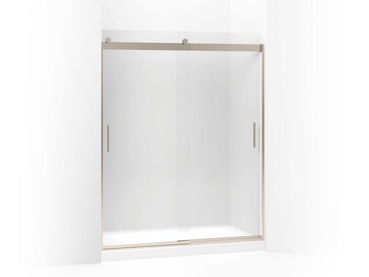 KOHLER K-706009-D3-ABV Levity Sliding Shower Door, 74" H X 56-5/8 - 59-5/8" W, With 1/4" Thick Frosted Glass And Blade Handles In Anodized Brushed Bronze