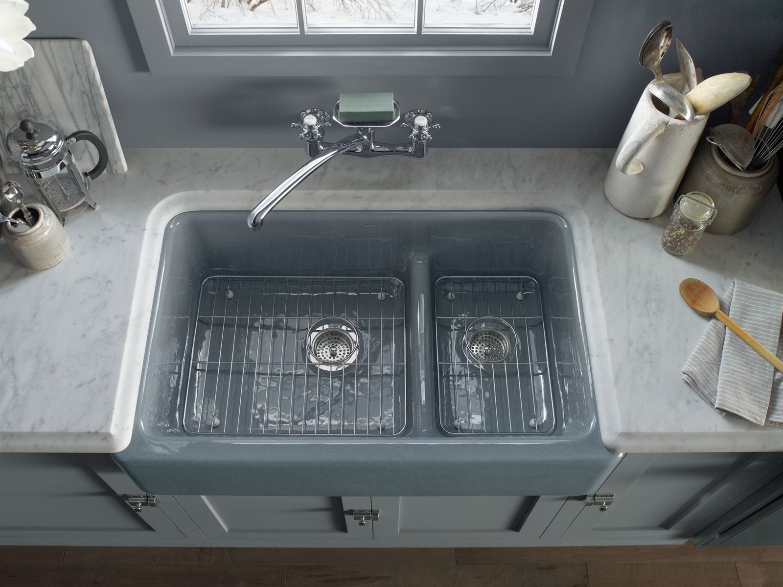 KOHLER K-6427-FF Whitehaven Smart Divide 35-3/4" Undermount Double-Bowl Farmhouse Kitchen Sink - Sea Salt