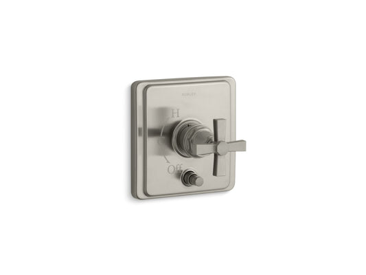 KOHLER K-T98757-3A-BN Pinstripe Rite-Temp Valve Trim With Push-Button Diverter And Cross Handle In Vibrant Brushed Nickel