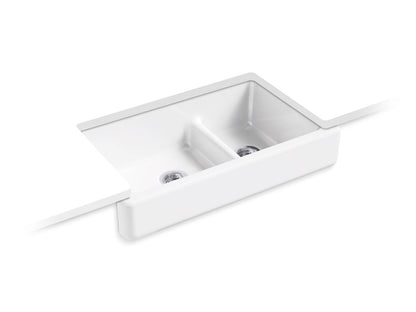 KOHLER K-6426-96 Whitehaven Smart Divide 35-1/2" undermount double-bowl farmhouse kitchen sink with short apron - Biscuit