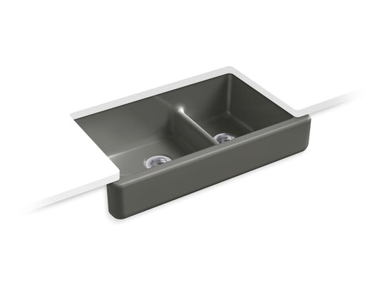 KOHLER K-6426-58 Whitehaven Smart Divide 35-1/2" Undermount Double-Bowl Farmhouse Kitchen Sink With Short Apron In Thunder Grey