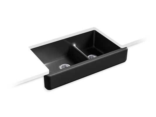 KOHLER K-6426-7 Whitehaven Smart Divide 35-1/2" Undermount Double-Bowl Farmhouse Kitchen Sink With Short Apron In Black Black