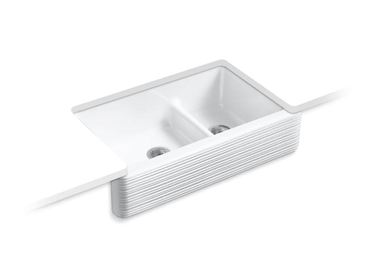 KOHLER K-6349-0 Whitehaven Hayridge Smart Divide 35-11/16" Undermount Double-Bowl Farmhouse Kitchen Sink In White