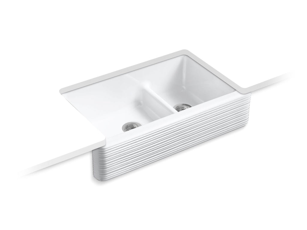 KOHLER K-6349-0 Whitehaven Hayridge Smart Divide 35-11/16" Undermount Double-Bowl Farmhouse Kitchen Sink - White