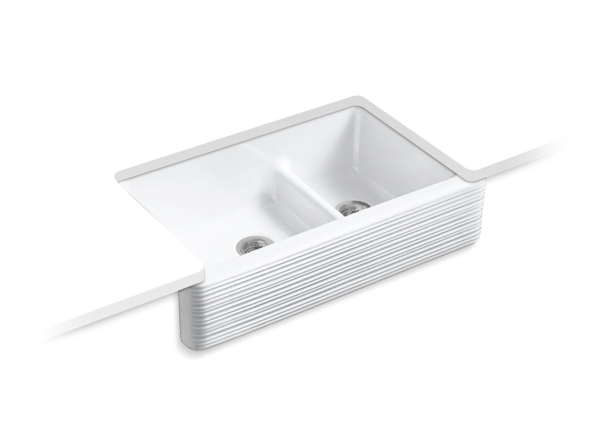 KOHLER K-6349-0 Whitehaven Hayridge Smart Divide 35-11/16" Undermount Double-Bowl Farmhouse Kitchen Sink - White