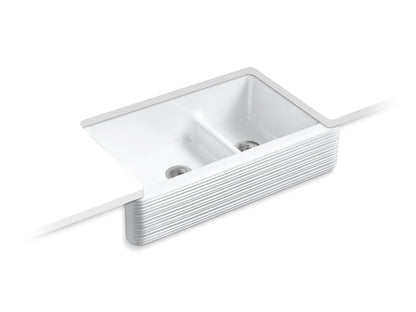 KOHLER K-6349-0 Whitehaven Hayridge Smart Divide 35-11/16" undermount double-bowl farmhouse kitchen sink - White