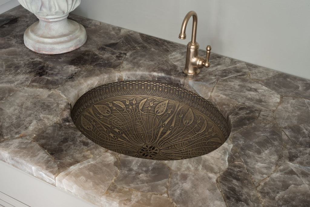 KOHLER K-14297-MP1 Lilies Lore 17-1/2" Oval Undermount Bathroom Sink, No Overflow - Medium Patina