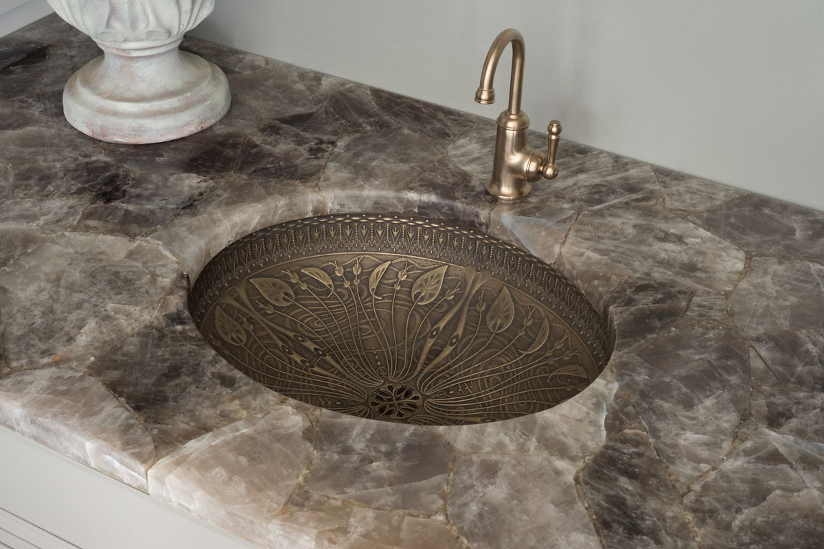 KOHLER K-14297-MP1 Lilies Lore 17-1/2" Oval Undermount Bathroom Sink, No Overflow - Medium Patina