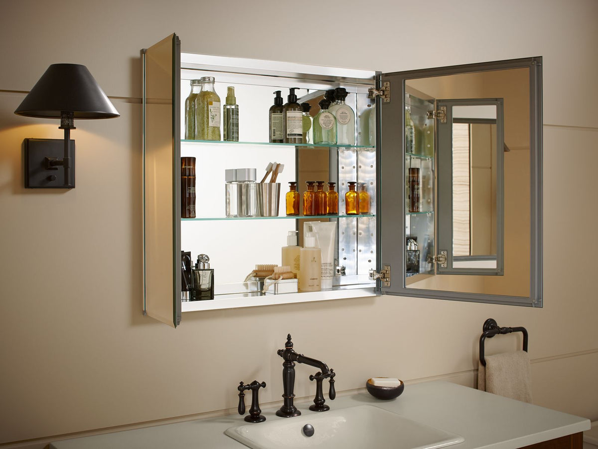 KOHLER K-CB-CLC3026FS 30" W X 26" H Aluminum Two-Door Medicine Cabinet With Mirrored Doors, Beveled Edges