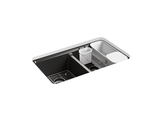 KOHLER K-8679-5UA3-7 Riverby 33" Undermount Double-Bowl Workstation Kitchen Sink In Black Black