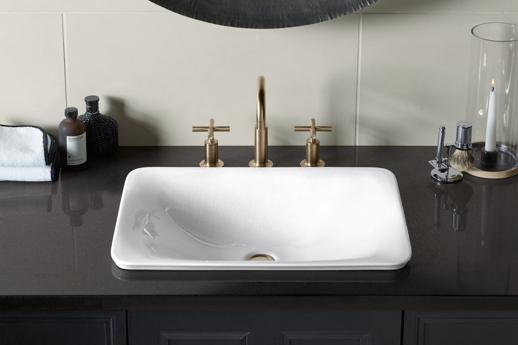 KOHLER K-75749-HD1-0 Sartorial Herringbone Carillon 21" Rectangular Drop-In Bathroom Sink, No Overflow - White Sartorial Herringbone