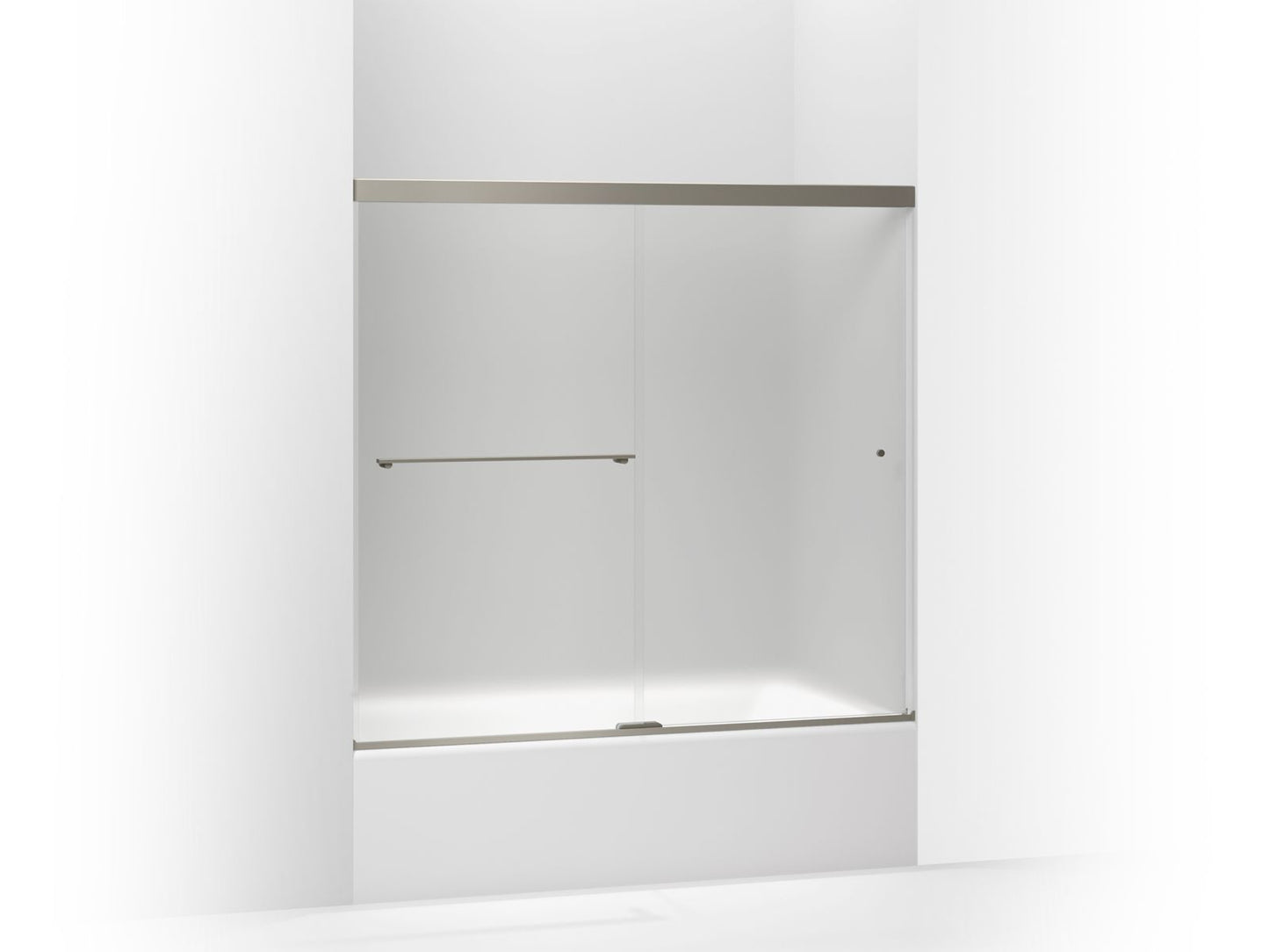 KOHLER K-707000-D3-BNK Revel Sliding Bath Door, 55-1/2" H X 56-5/8 - 59-5/8" W, With 1/4" Thick Frosted Glass In Anodized Brushed Nickel