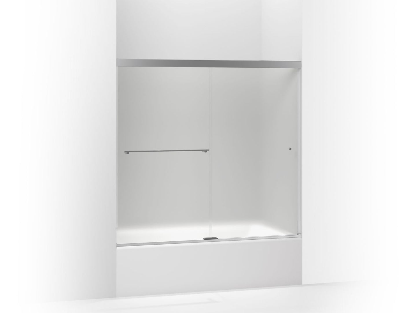 KOHLER K-707000-D3-SHP Revel Sliding Bath Door, 55-1/2" H X 56-5/8 - 59-5/8" W, With 1/4" Thick Frosted Glass In Bright Polished Silver