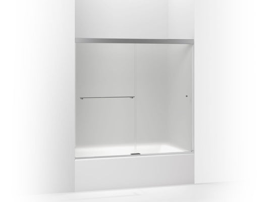 KOHLER K-707001-D3-SHP Revel Sliding Bath Door, 55-1/2" H X 56-5/8 - 59-5/8" W, With 5/16" Thick Frosted Glass In Bright Polished Silver