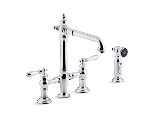 KOHLER K-76519-4-CP Artifacts Two-Hole Bridge Kitchen Sink Faucet With Side Sprayer In Polished Chrome