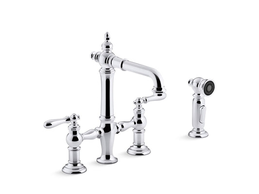 KOHLER K-76520-4-CP Artifacts Two-Hole Bridge Bar Sink Faucet With Side Sprayer In Polished Chrome