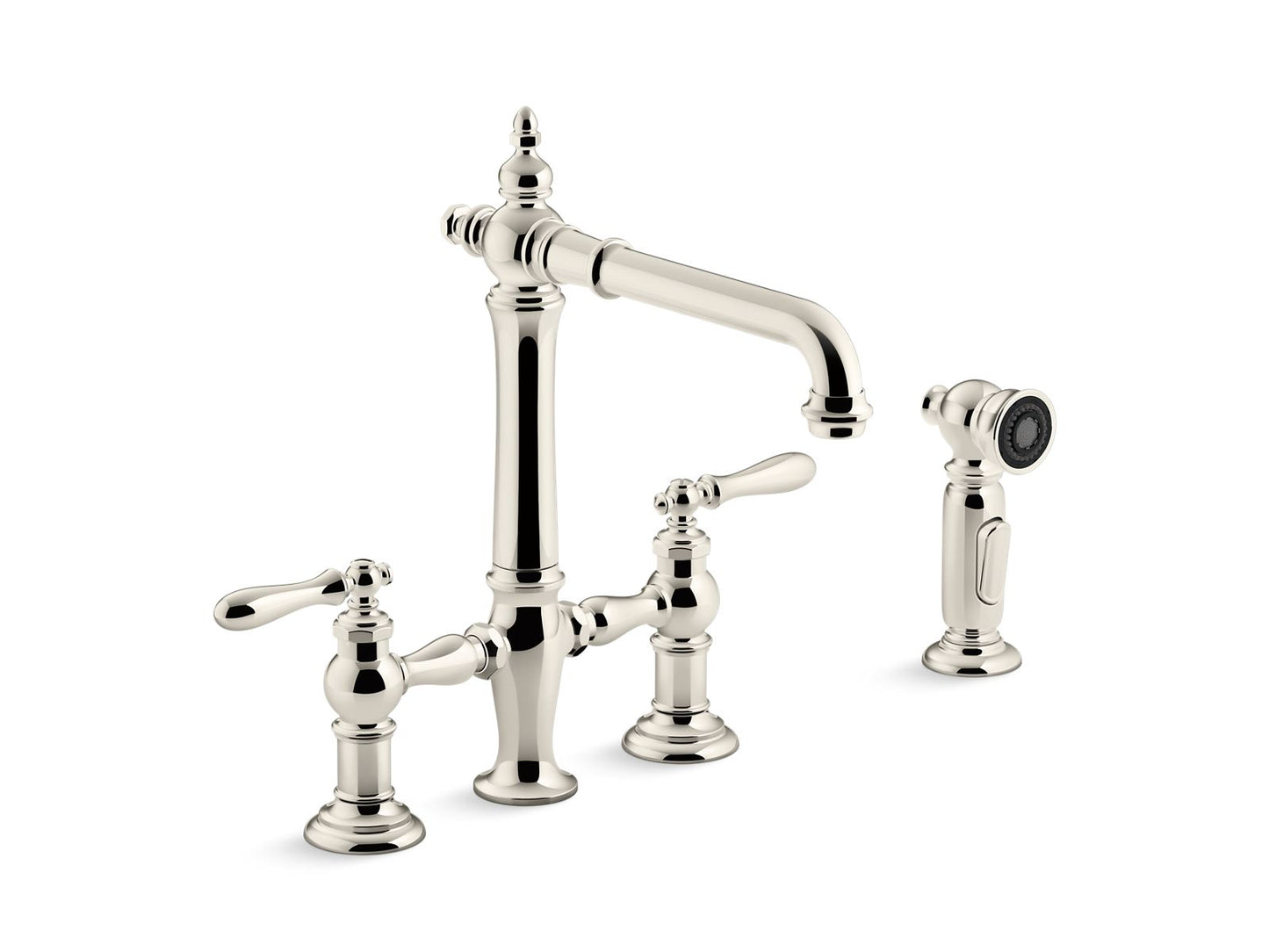 KOHLER K-76519-4-SN Artifacts Two-Hole Bridge Kitchen Sink Faucet With Side Sprayer In Vibrant Polished Nickel