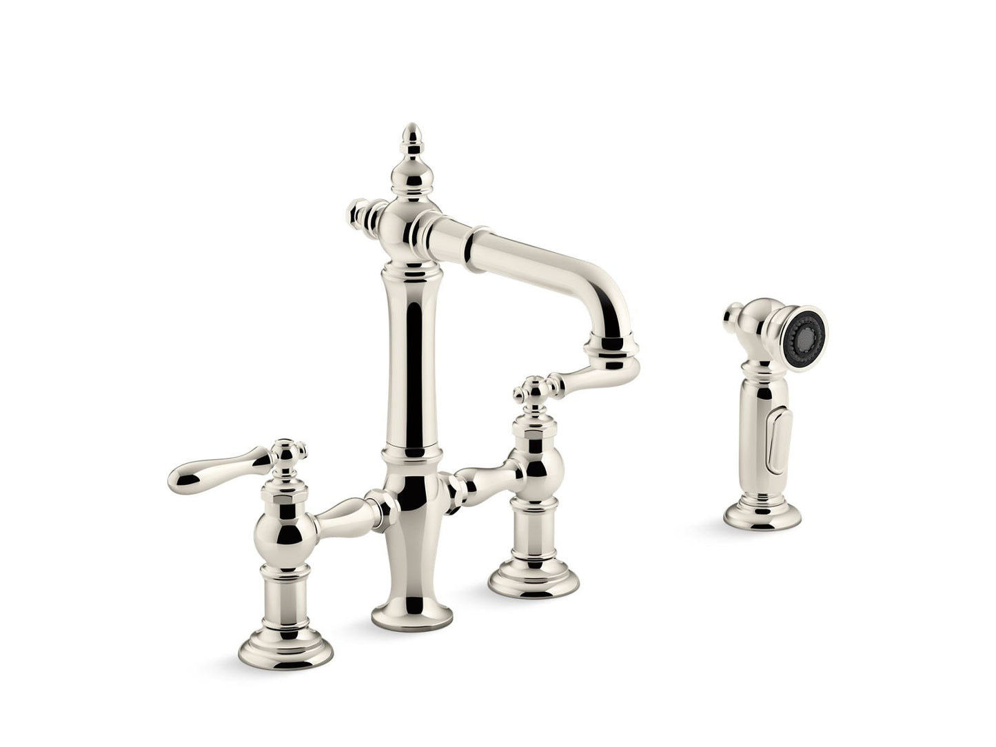 KOHLER K-76520-4-SN Artifacts Two-Hole Bridge Bar Sink Faucet With Side Sprayer In Vibrant Polished Nickel