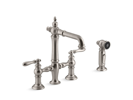 KOHLER K-76520-4-VS Artifacts Two-Hole Bridge Bar Sink Faucet With Side Sprayer In Vibrant Stainless