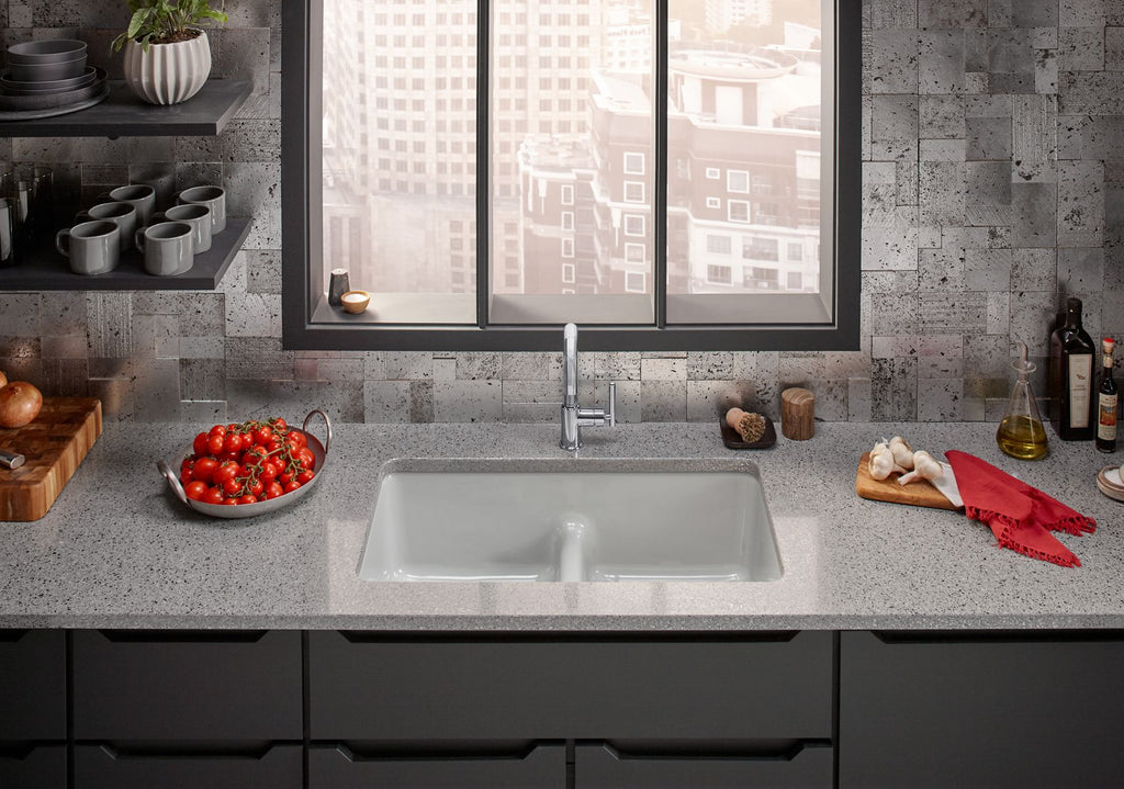KOHLER K-5312-FF Iron/Tones Smart Divide 33" Top-/Undermount Double-Bowl Kitchen Sink - Sea Salt