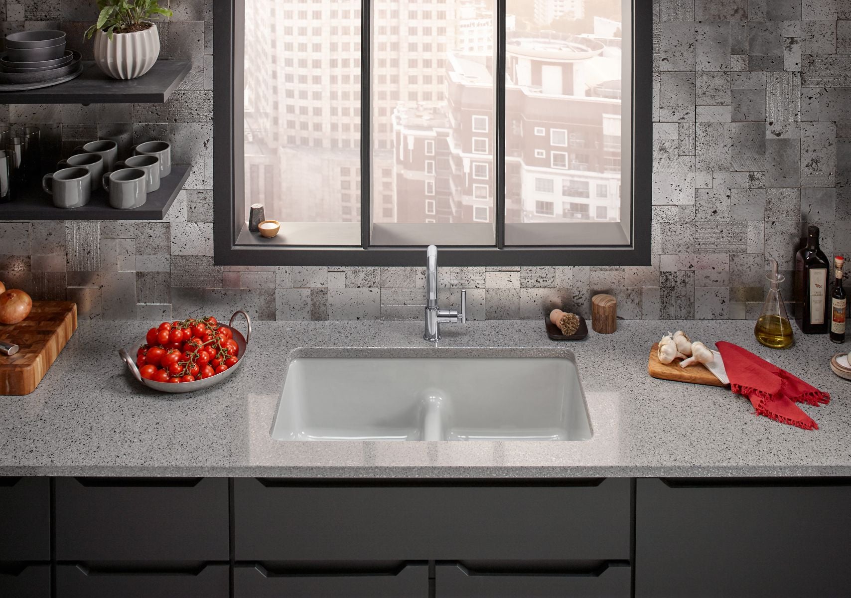 KOHLER K-5312-FF Iron/Tones Smart Divide 33" Top-/Undermount Double-Bowl Kitchen Sink - Sea Salt