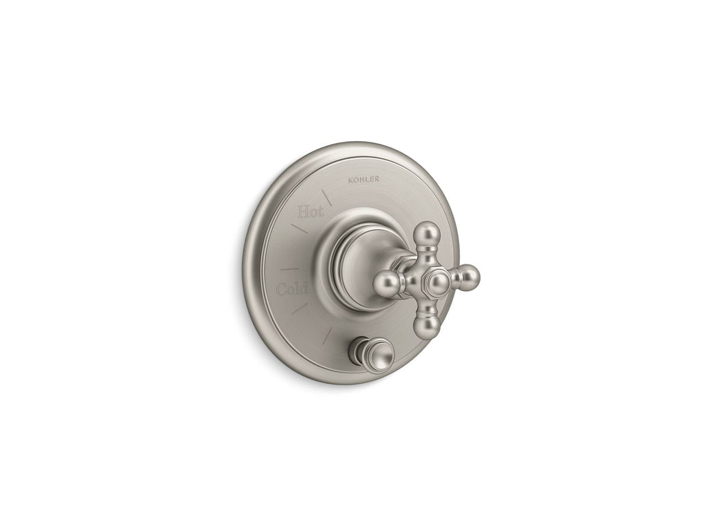 KOHLER K-T72768-3-BN Artifacts Rite-Temp Valve Trim With Push-Button Diverter And Cross Handle - Vibrant Brushed Nickel