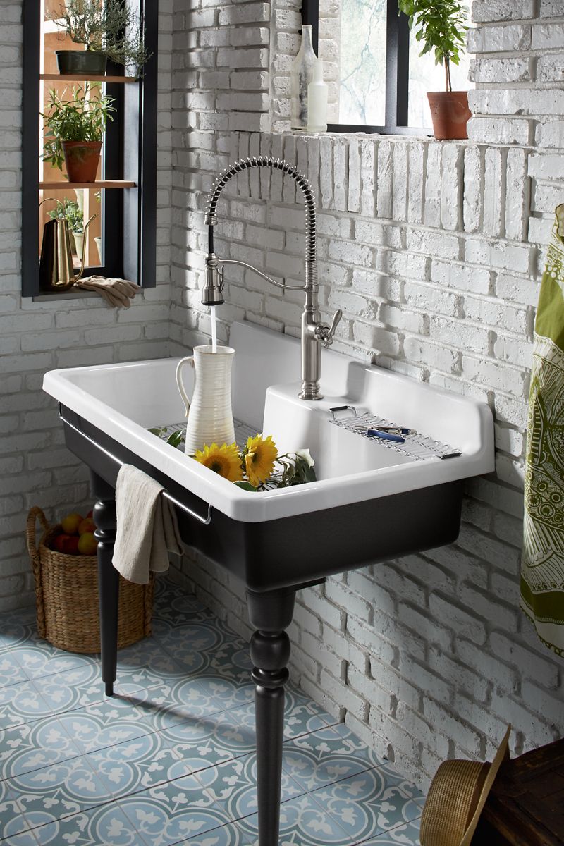 KOHLER K-21103-2HP5-0 Farmstead 45" Top-/Wall-Mount Single-Bowl Workstation Farmhouse Kitchen Sink - White