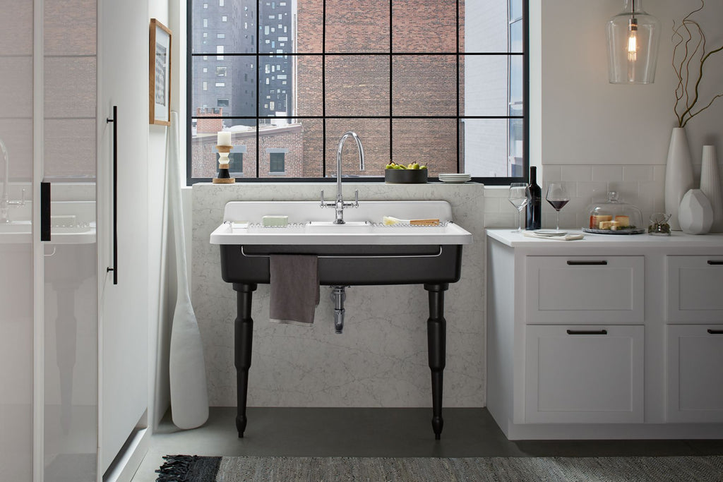 KOHLER K-21103-2HP5-0 Farmstead 45" Top-/Wall-Mount Single-Bowl Workstation Farmhouse Kitchen Sink - White
