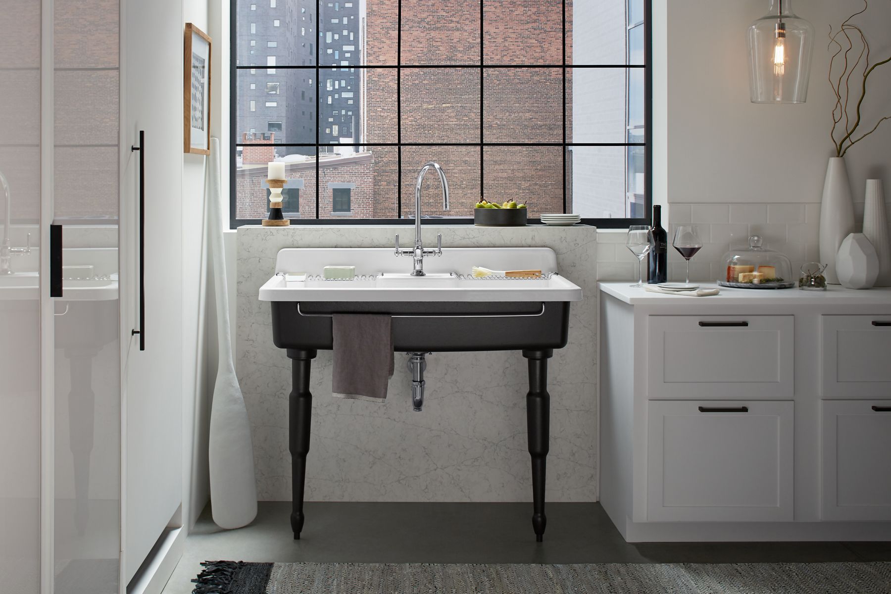 KOHLER K-21103-2HP5-0 Farmstead 45" Top-/Wall-Mount Single-Bowl Workstation Farmhouse Kitchen Sink - White
