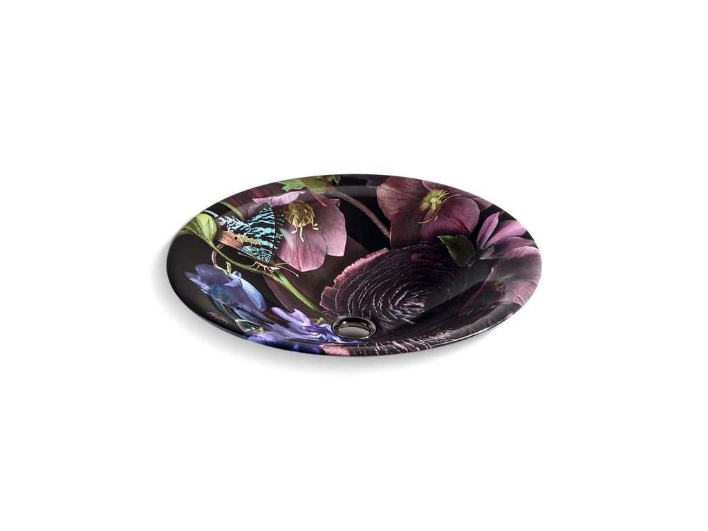 KOHLER K-30333-DM2-0 Dutchmaster Midnight Floral Carillon 17-3/4" Round Drop-In Bathroom Sink, No Overflow - Midnight Floral