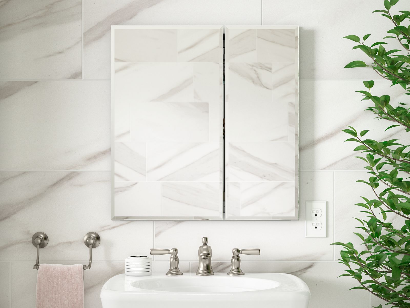 KOHLER K-CB-CLC2526FS 25" W X 26" H Aluminum Two-Door Medicine Cabinet With Mirrored Doors, Beveled Edges