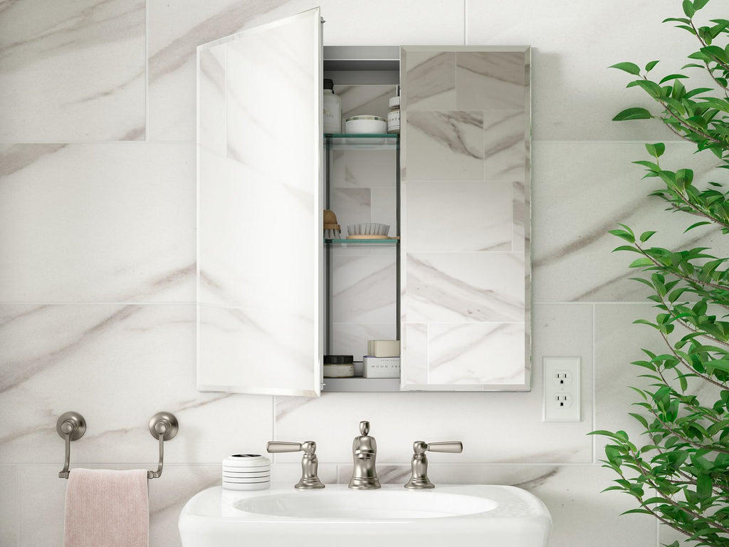 KOHLER K-CB-CLC2526FS 25" W X 26" H Aluminum Two-Door Medicine Cabinet With Mirrored Doors, Beveled Edges