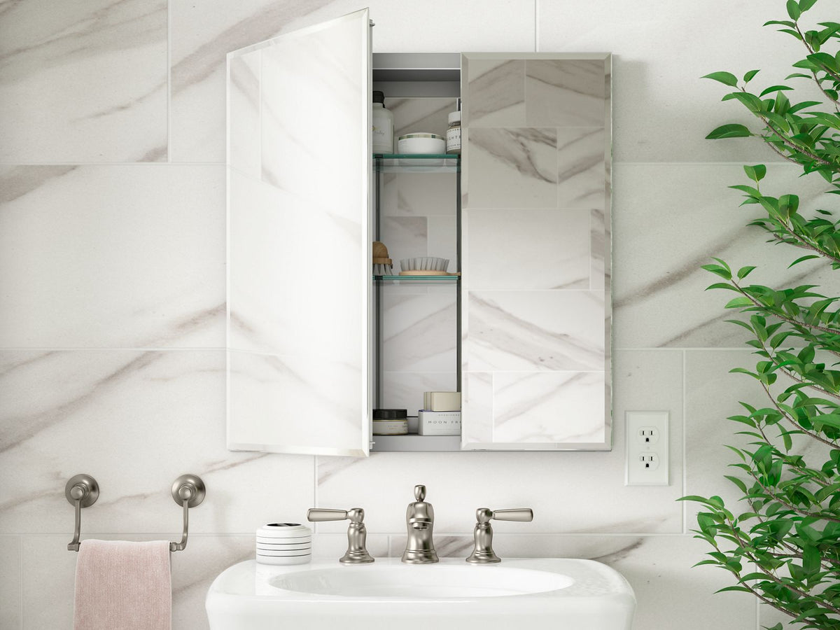 KOHLER K-CB-CLC2526FS 25" W X 26" H Aluminum Two-Door Medicine Cabinet With Mirrored Doors, Beveled Edges