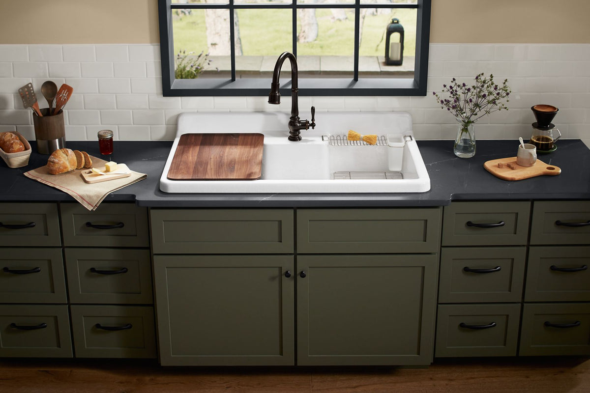 KOHLER K-21103-2HP5-0 Farmstead 45" Top-/Wall-Mount Single-Bowl Workstation Farmhouse Kitchen Sink - White