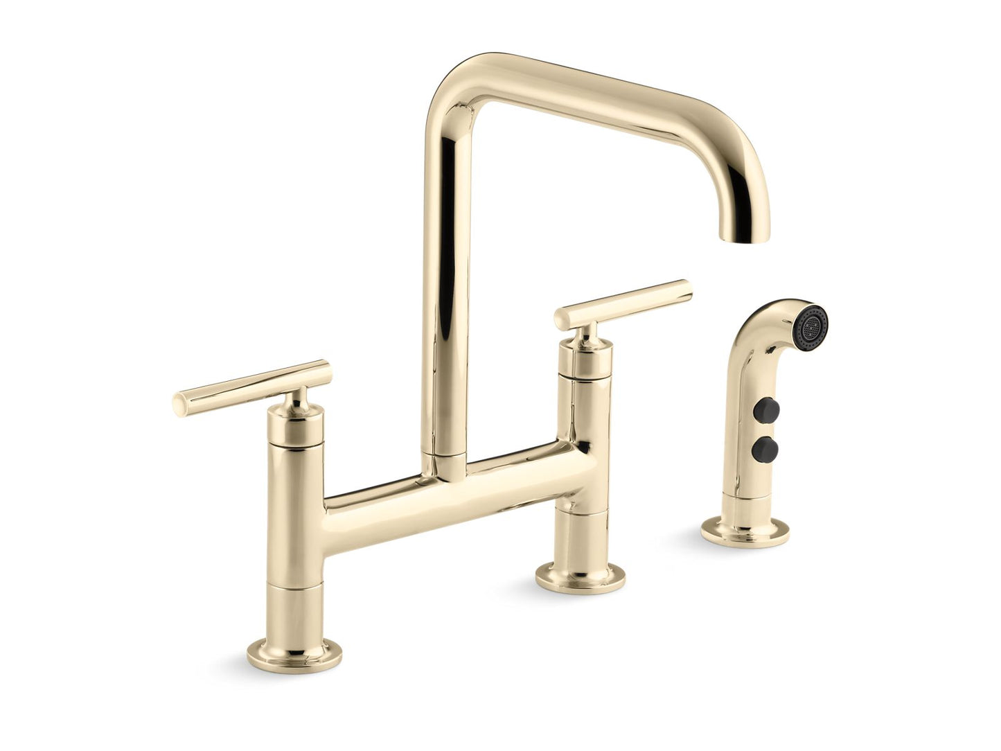 KOHLER K-7548-4-AF Purist Two-Hole Bridge Kitchen Sink Faucet With Side Sprayer In Vibrant French Gold