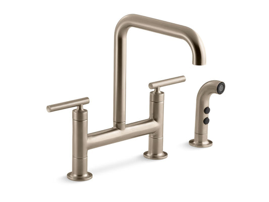 KOHLER K-7548-4-BV Purist Two-Hole Bridge Kitchen Sink Faucet With Side Sprayer In Vibrant Brushed Bronze