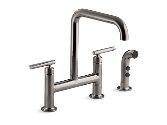 KOHLER K-7548-4-TT Purist Two-Hole Bridge Kitchen Sink Faucet With Side Sprayer In Vibrant Titanium