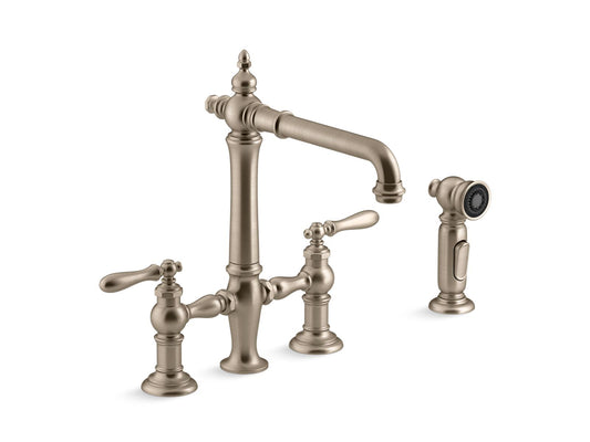 KOHLER K-76519-4-BV Artifacts Two-Hole Bridge Kitchen Sink Faucet With Side Sprayer In Vibrant Brushed Bronze