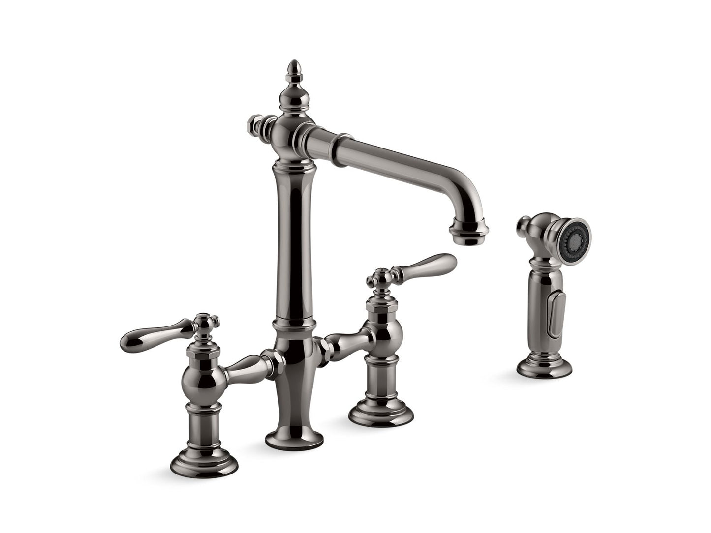 KOHLER K-76519-4-TT Artifacts Two-Hole Bridge Kitchen Sink Faucet With Side Sprayer In Vibrant Titanium