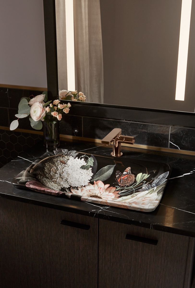 KOHLER K-30334-DM1-0 Dutchmaster Blush Floral Carillon 21-1/4" Rectangular Drop-In Bathroom Sink, No Overflow - Blush Floral